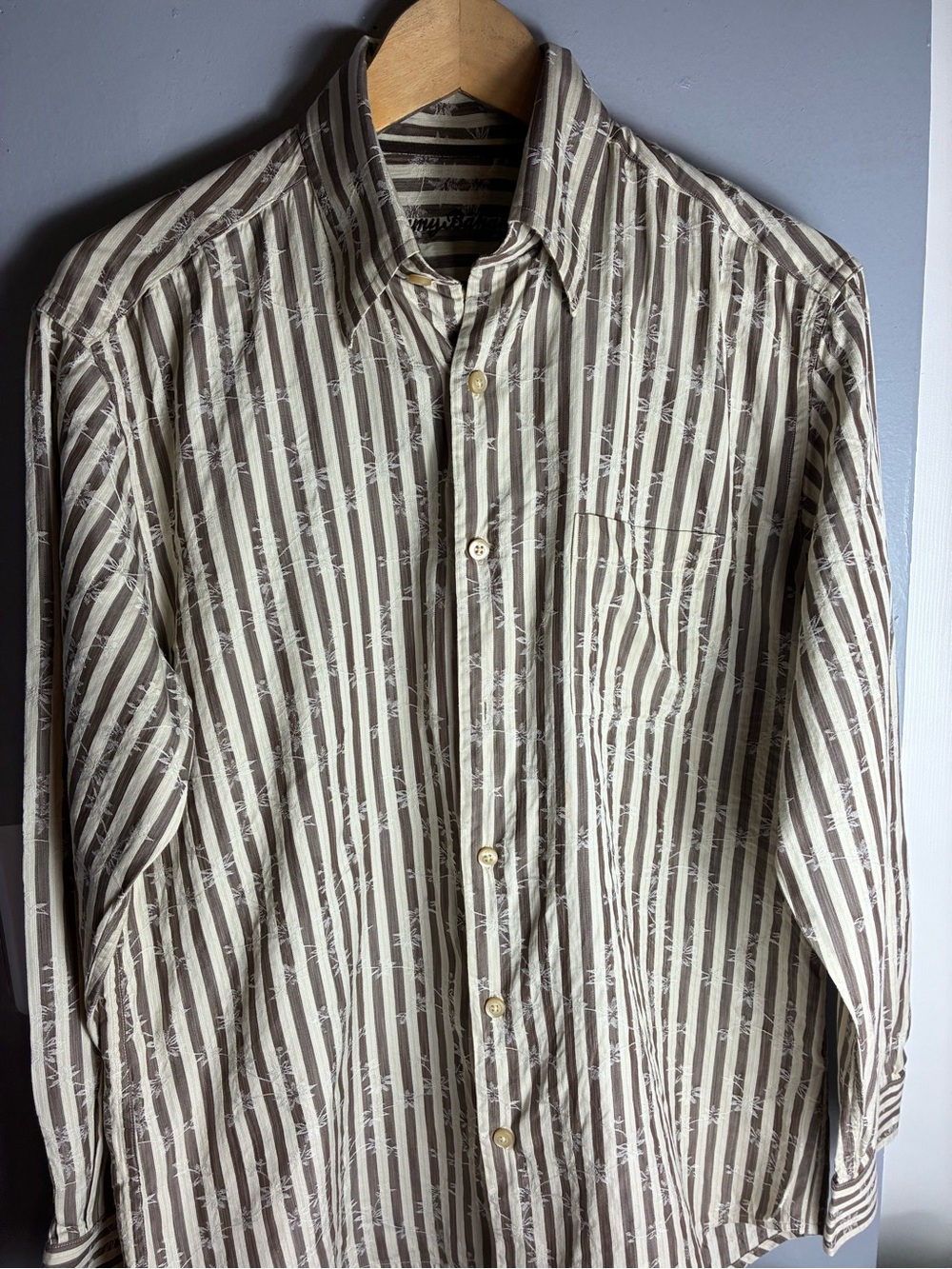 Tommy Bahama Beige and Brown Striped Button-Down embroidered Shirt